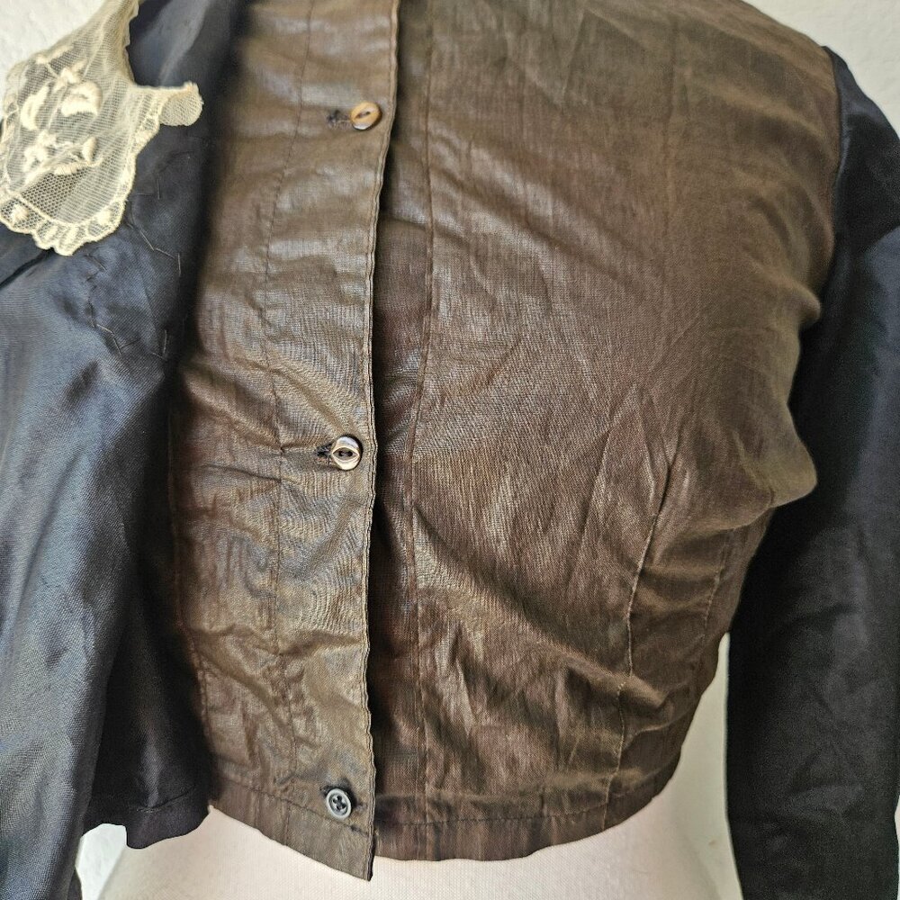 Antique Early 1900s Edwardian Black Silk Blouse Mourning Top Beaded Lace XS/S - Picture 3 of 16